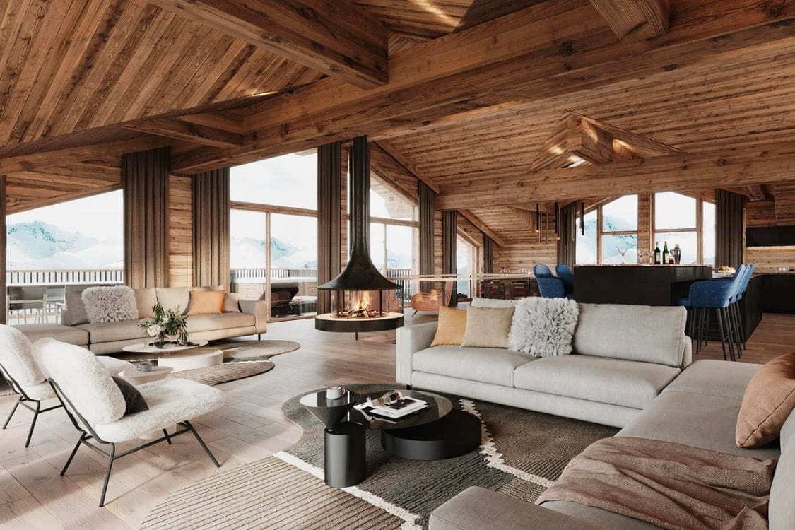 A living room in a log cabin with wood beams.